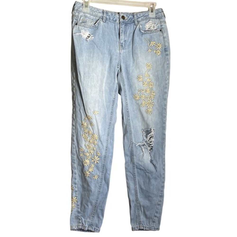Intropia Womens Denim Jeans‎ Light Wash Floral Embroidered Ripped Size 36